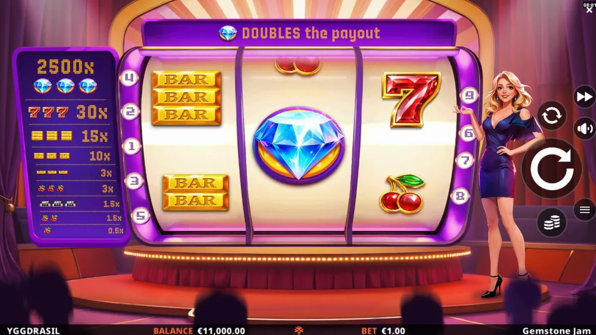 Tampilan visual slot Gemstone Jam dengan simbol permata dan nuansa acara TV