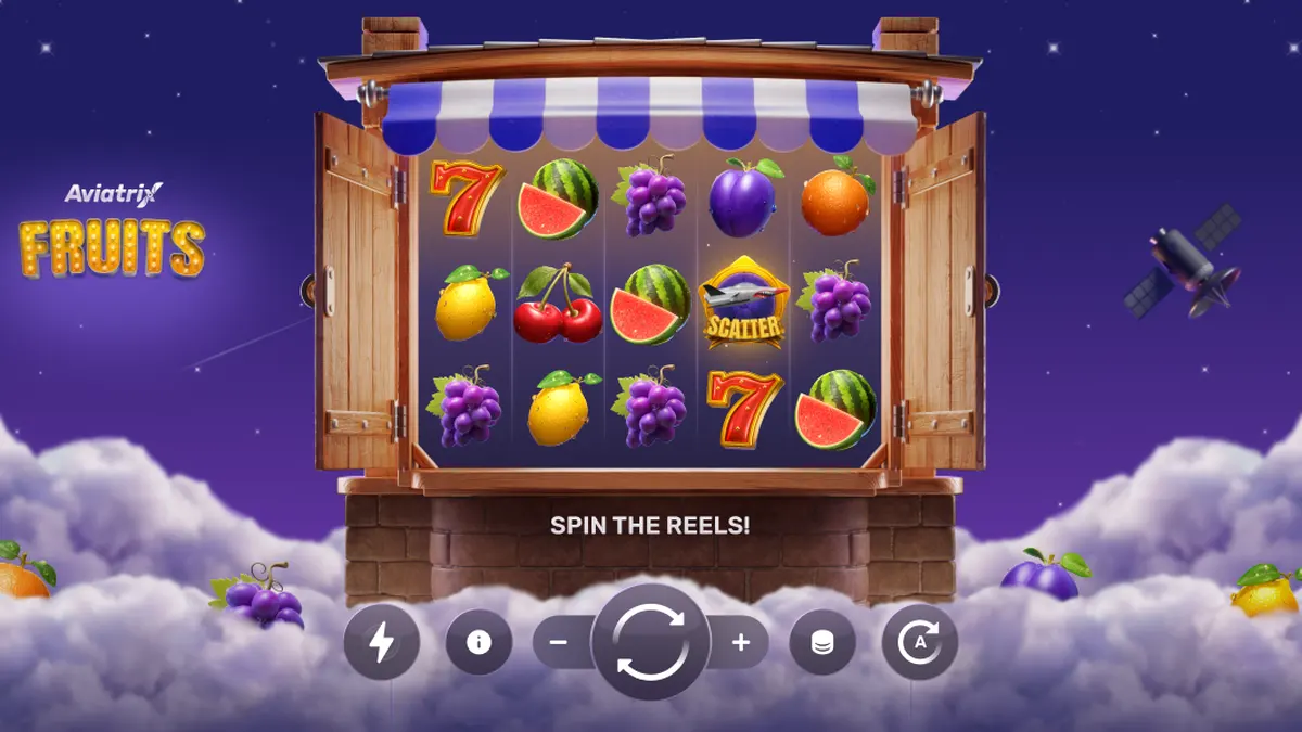 Tampilan visual slot Aviatrix Fruits dengan elemen pesawat kustom