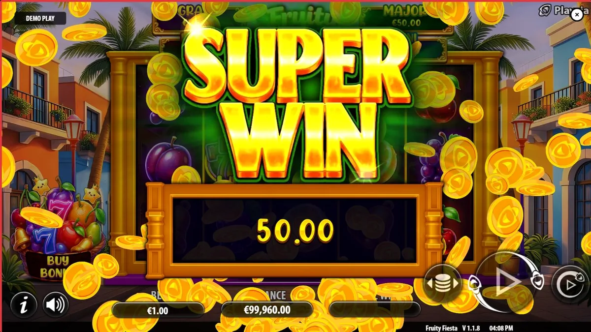 Tampilan visual neon dari slot Fruity Fiesta yang penuh warna