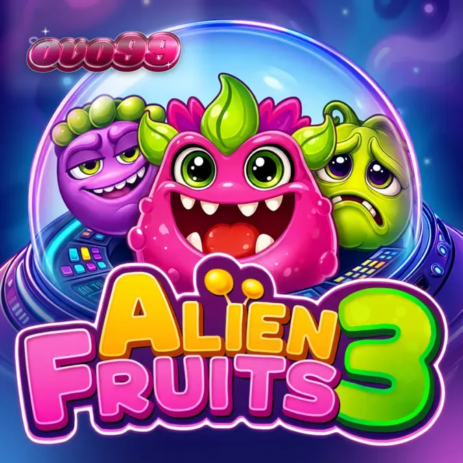 Tampilan visual slot Alien Fruits 3 dengan tema luar angkasa dan simbol buah yang unik